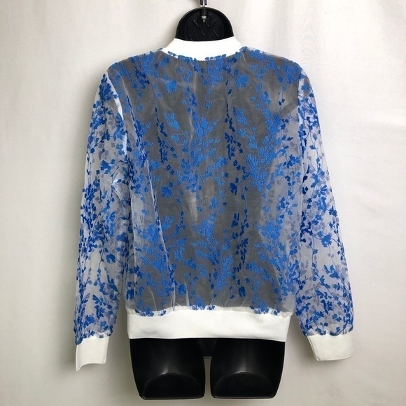 White Mesh See thru Blue Floral Bomber Jacket - Picture 3 of 6
